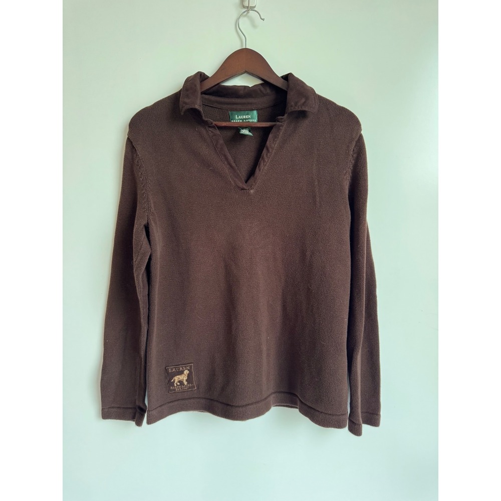 Ralph Lauren Brown Cotton V-Neck Sweater Elbow Patches Equestrian Small dog pony